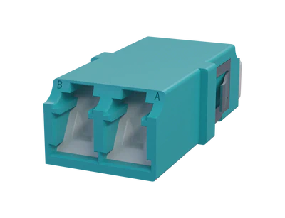 Shuttered LC Duplex Fiber Optic Adapter, Aqua - Front View