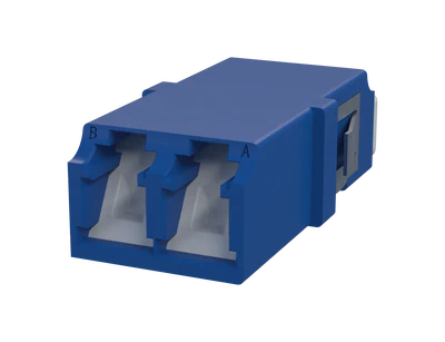 Shuttered LC Duplex Fiber Optic Adapter, Blue - Front View