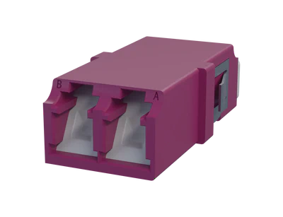 Shuttered LC Duplex Fiber Optic Adapter, Erika Violet - Front View