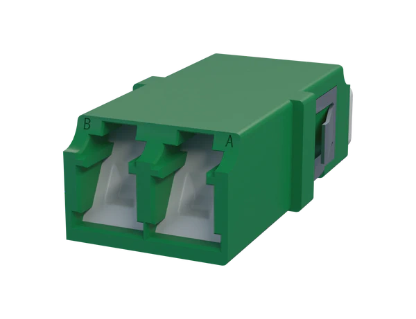 Shuttered LC Duplex Fiber Optic Adapter, Green - Front View