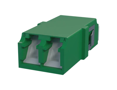 Shuttered LC Duplex Fiber Optic Adapter, Green - Front View