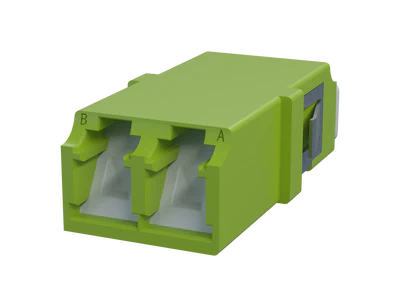 Shuttered LC Duplex Fiber Optic Adapter, Lime Green - Front View