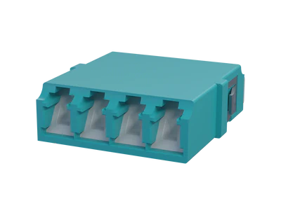 Shuttered LC Quadplex Fiber Optic Adapter, Aqua - Front View