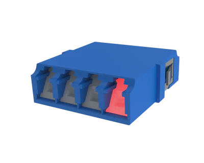 Shuttered LC Quadplex Fiber Optic Adapter, Blue - VFL Demonstration