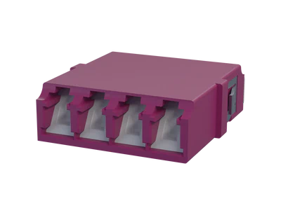 Shuttered LC Quadplex Fiber Optic Adapter, Erika Violet - Front View