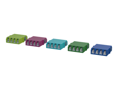 Shuttered LC Quadplex Fiber Optic Adapters, Lime Green, Erika Violet, Aqua, Green and Blue