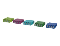 Shuttered LC Quadplex Fiber Optic Adapters, Lime Green, Erika Violet, Aqua, Green and Blue