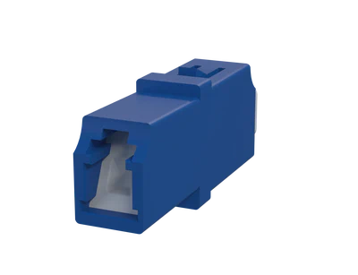 Shuttered LC Simplex Fiber Optic Adapter, Blue - Front View