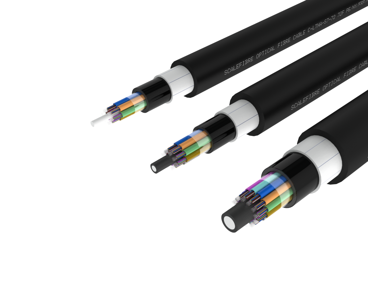 Cabo de fibra externa de tubo solto não metálico blindado – revestimento PE/PA/PE, 72, 96 e 144 fibras